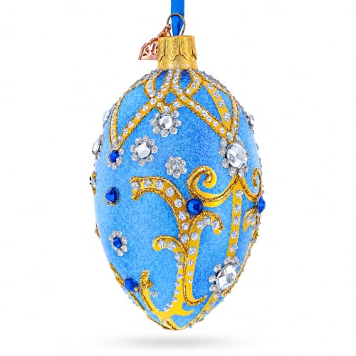 Jewels and Golden Scrolls on Glitter Blue Glass Egg Ornament 4 Inches