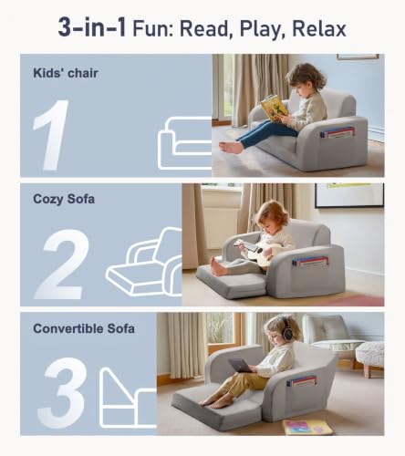 3-in-1 Convertible Kids Sofa, Extra Wide Fold-Out Children's Couch, Gray