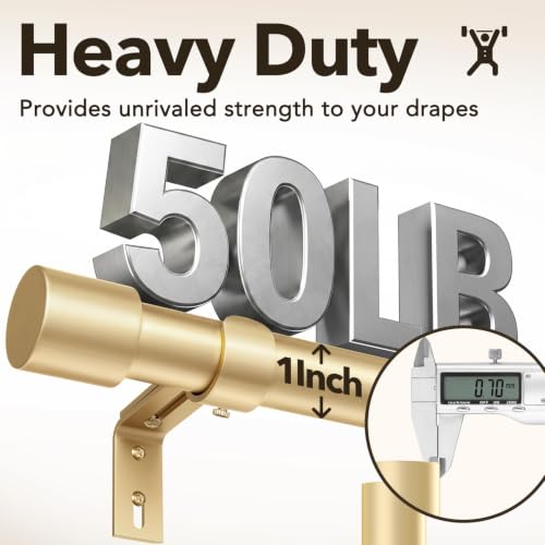 Heavy Duty Gold Curtain Rod 1 Inch Adjustable Window Drapery Rod (66"-120")