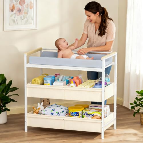Baby Changing Table with Safety Bumpers and Large Storage Organizer