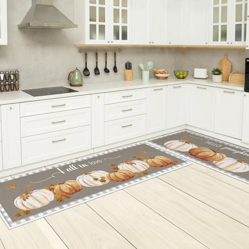3-Piece Fall Pumpkin Kitchen Rug Set, Non-Slip Autumn Harvest Floor Mats