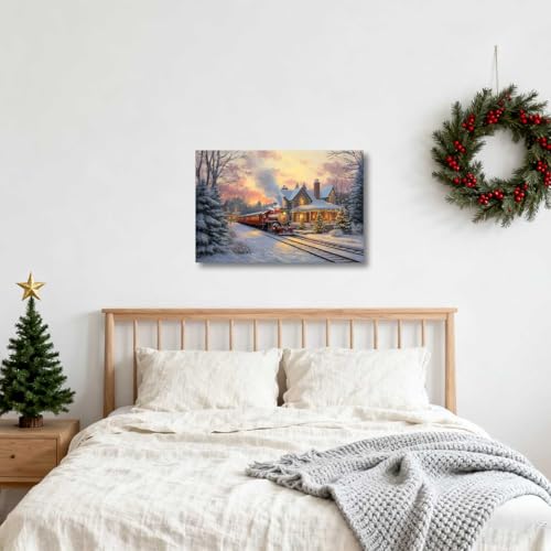 XLMDYYSW Christmas Red Train Wall Art Canvas Print 16" x 24" Winter Scene Cabin Decor