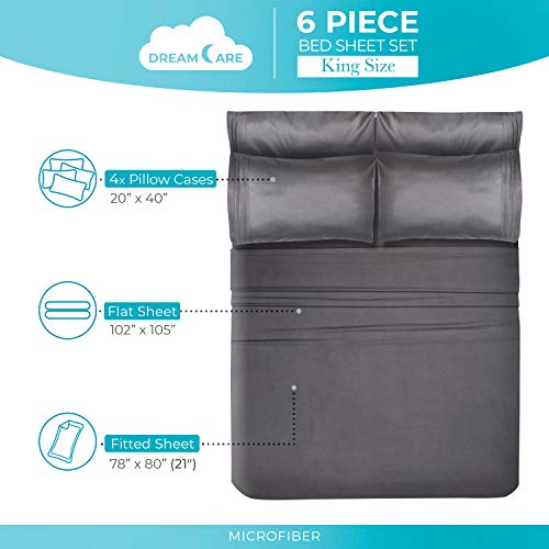 DREAMCARE 6-Piece King Sheet Set - Extra Deep Pocket Bed Sheets, Gray