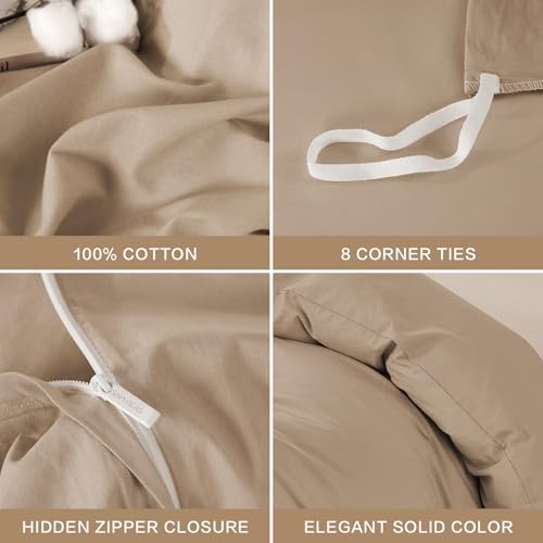 SAPHREAS Twin Size Cotton Duvet Cover Set Khaki 68x90 Linen-Like Comforter Cover with Zipper & Corner Ties