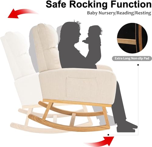 Upholstered Nursery Rocking Chair with High Back and Side Storage Pocket