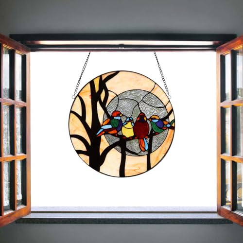 Handmade 16-Inch Round Stained Glass Window Panel - Birds on Tree Branch