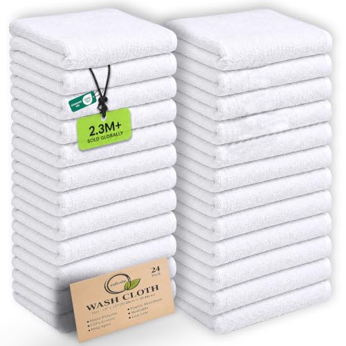 White Cotton Washcloths 24 Pack - Soft, Absorbent Face & Body Towels - Hotel Quality