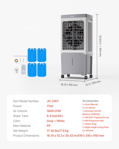 Evaporative Air Cooler 1800 CFM Swamp Cooler with 6.8 Gal Tank & Remote
