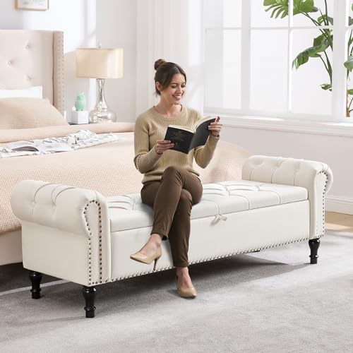 67-Inch Upholstered Storage Bench with Rolled Arms and Button Tufting
