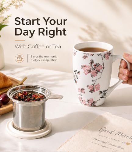 AmorArc Peach Blossom 18oz Ceramic Tea Mug with Infuser & Lid, Loose Leaf Steeper