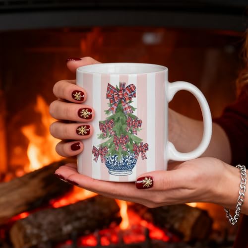 JINYO Christmas Coffee Mug - Pink Striped Chinoiserie Holiday Ceramic Cup, 11 oz - Christmas Coffee Mug-e