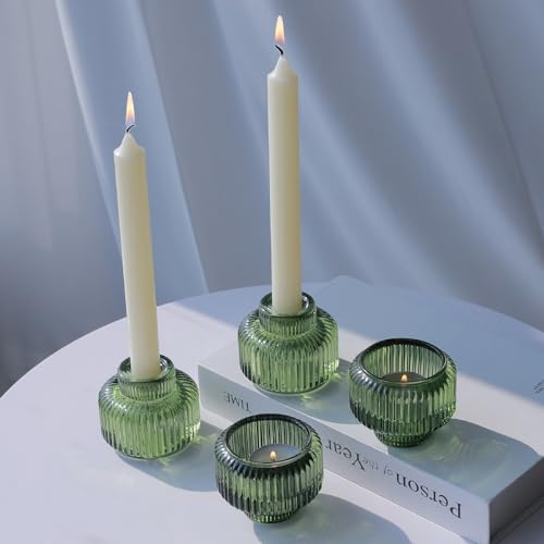 Woho Green Ribbed Taper Candle Holders (Set of 8) – Double-Sided, Vintage Glass
