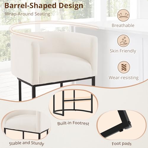 Modern Barrel Counter Height Bar Stools with Backrest, Set of 3, Beige Linen