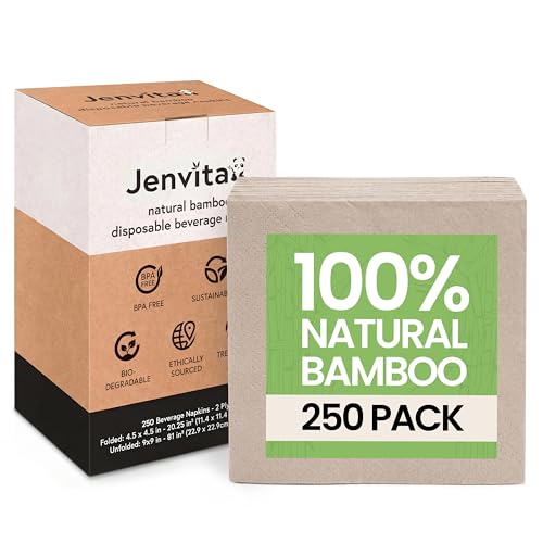 Jenvita 250 Pack Bamboo Cocktail Napkins 2-Ply 4.5 x 4.5 Inch Eco Friendly