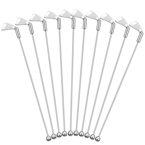 Hushee 10 Pcs Metal Golf Cocktail Stir Sticks - Reusable Swizzle Sticks for Drinks & Party Decorations - 7.87 Inches (Golf Clubs Variation)