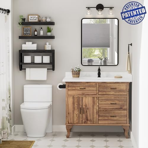 Floating Bathroom Wall Shelves - 16-Inch Wood Farmhouse Storage Set of 3