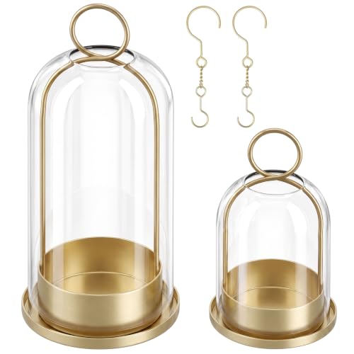 Gold Hurricane Candle Holders Set of 2 with Glass Dome, 4" & 5" Wide – Fohil Metal & Glass Centerpiece