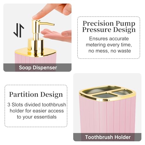 2-Piece Pink Bathroom Accessory Set with Soap Dispenser & Toothbrush Holder