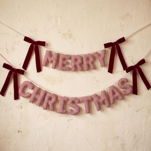 Merry Christmas Banner with Gingham Pattern - Pre-Strung Burgundy Garland, 3D Cotton Decor