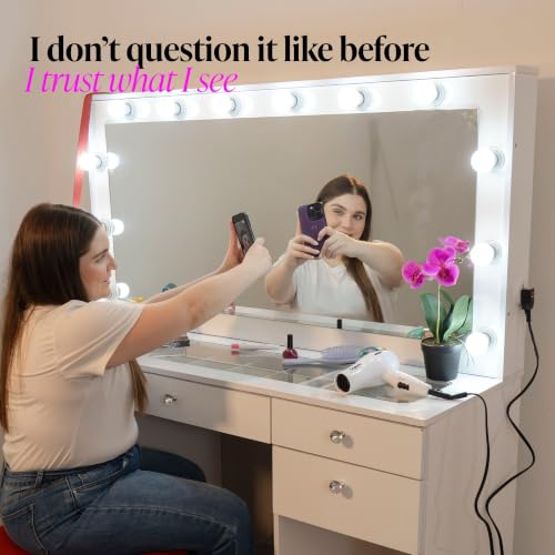 Large Vanity Desk with Framed Bulb Mirror and 5 Drawers