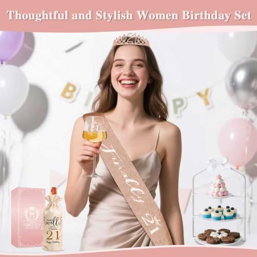 21st Birthday Gift Set for Women with Wine Glass, Tiara, Sash and Wine Bag