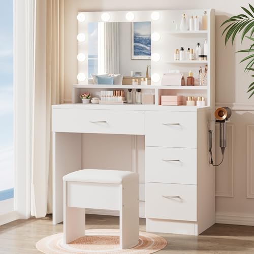 White Makeup Vanity Desk with Lighted Mirror, Charging Station & Stool