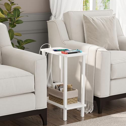Narrow Side Table with Charging Station, 2-Tier Slim End Table, White