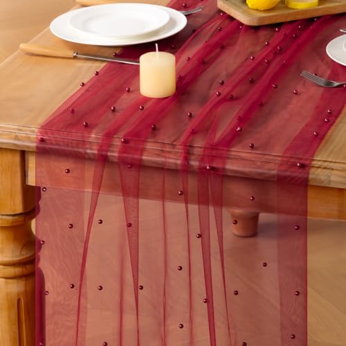 Pearl Gauze Table Runner 10ft for Wedding & Party Decor - Red