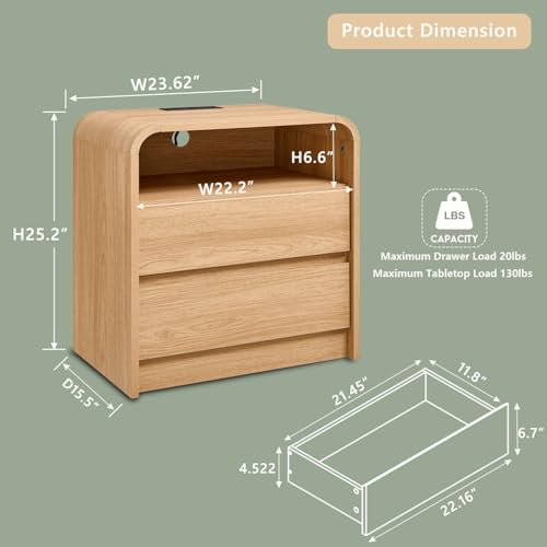 Modern Curved Wood Nightstand with 2 Drawers and Charging Station