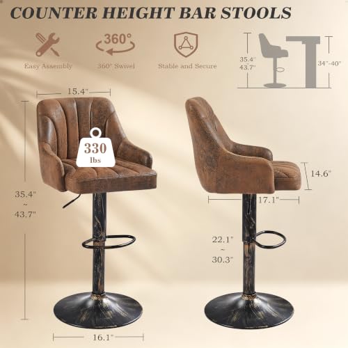 Adjustable Swivel Bar Stools with Back and Arms, Set of 2, Brown PU Leather