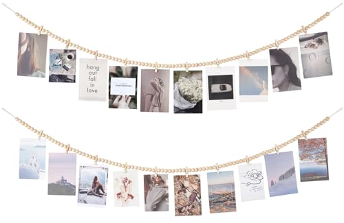 Boho Hanging Photo Display with Wood Beads - 2 Pack Wall Photo Banner