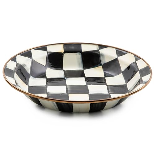 Kenzie-Childs Enamel Pie Plate with Black-and-White Courtly Check Pattern - Oven Safe
