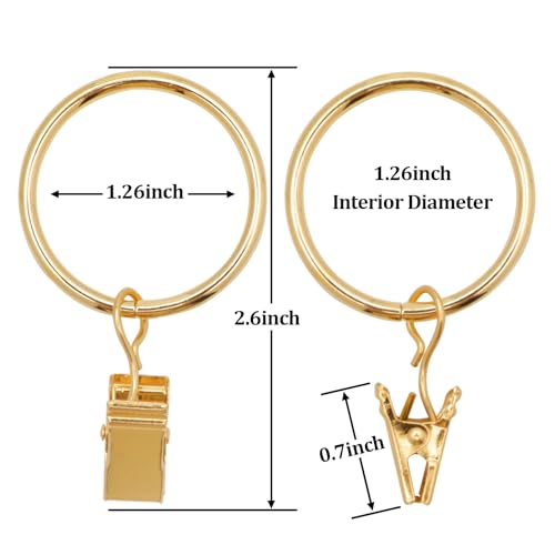 40 Pack Gold Curtain Rings with Clips, 1.26-Inch Heavy Duty Drapery Hooks