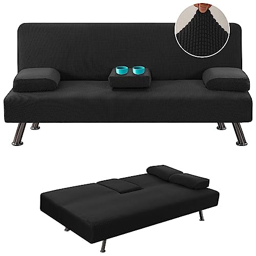 4-Piece Stretch Futon Slipcover Set with Armrests & Cupholders - Black
