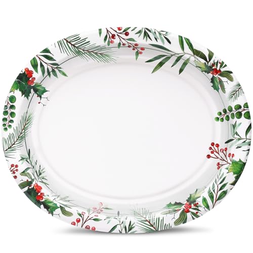 Christmas Flower Oval Paper Plates 12x10 inch Heavy Duty Holiday Party Supplies