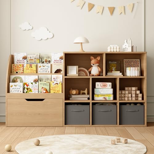 Kids Bookshelf and Toy Storage Organizer with Drawer and Bins