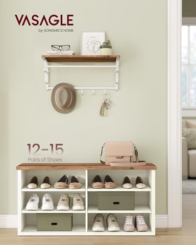 Rustic Shoe Storage Bench with 6 Adjustable Shelves, White and Honey Brown