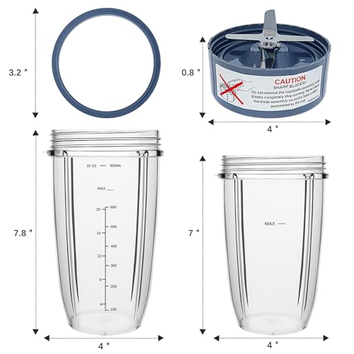 Blender Replacement Parts Set: 32oz & 24oz Cups with Extractor Blade