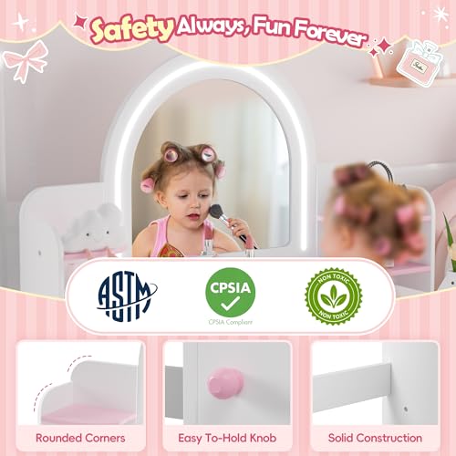 Kids Vanity Table and Chair Set with LED Lighted Mirror and Storage