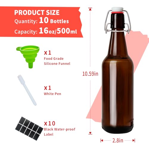 16oz Amber Glass Bottles with Swing Top Flip Caps 10-Pack