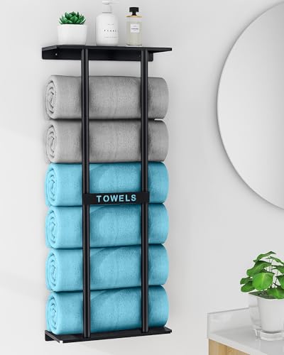 STWWO Wall Mounted Bathroom Towel Rack with Shelf, Holds 6 Towels - Black