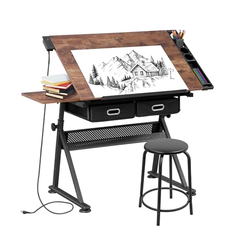 Adjustable Drafting Table Set with Charging Station and Stool