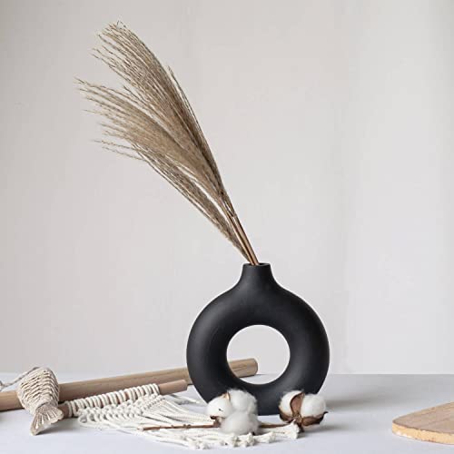 Black Donut Ceramic Vase - Minimalist Hollow Flower Vase for Home Decor