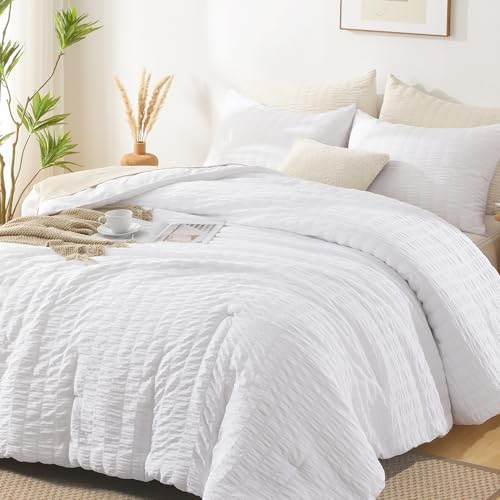 Seersucker Queen Comforter Set - 3 Piece Soft Washed Microfiber Bedding, White