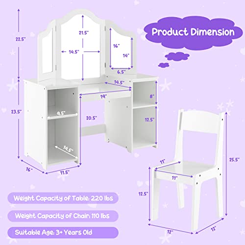 Kids Vanity Set with Mirror, 2-in-1 Wooden Makeup Table and Chair for Girls