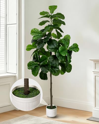 6FT Artificial Fiddle Leaf Fig Tree in White Planter - Faux Ficus Lyrata for Indoor Decor