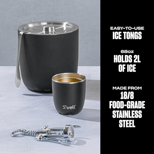 S'well Ice Bucket with Tongs 68oz Onyx - Double Wall Insulated, Condensation-Free