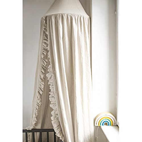 Boho Kids Bed Canopy with Frills, Hanging Reading Nook Play Tent (Beige)