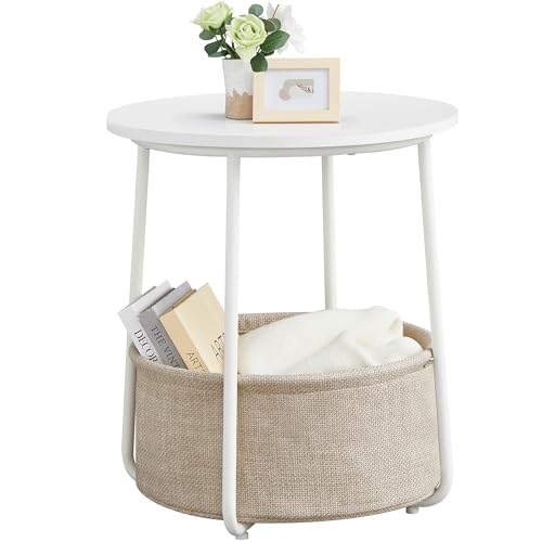 Small Round Side End Table with Fabric Storage Basket, Modern Nightstand