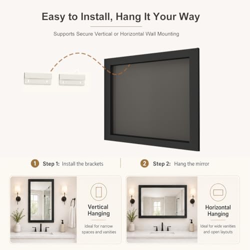 24x36 Matte Black Bathroom Vanity Mirror, Rectangle Wall Mirror with Metal Frame